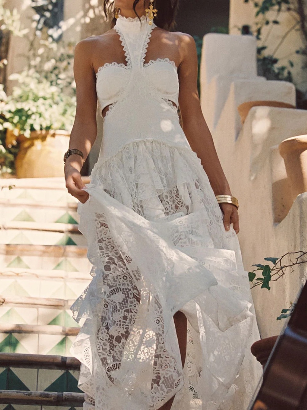 White Lace Halter Maxi Dress with Cutout Details - Picture 2 of 3
